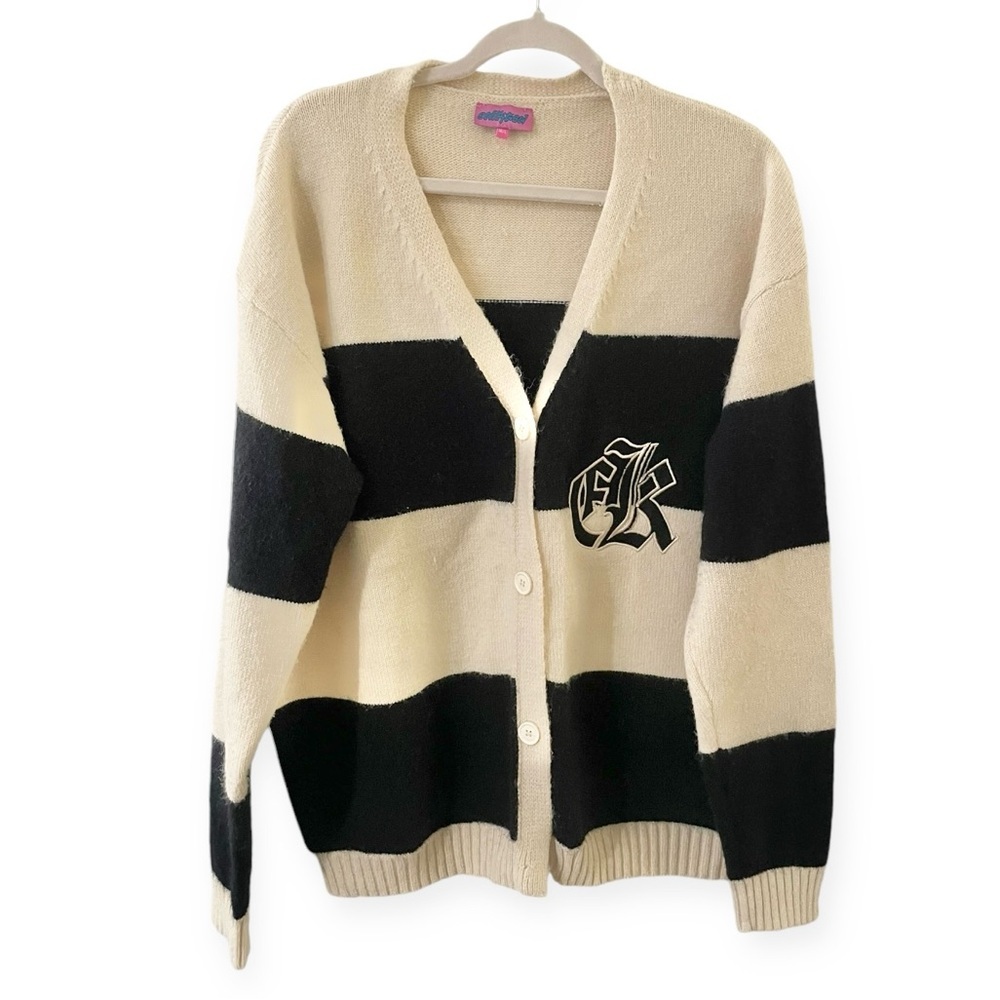 Edikted button down long sleeve color block navy beige cardigan M/L unisex retro